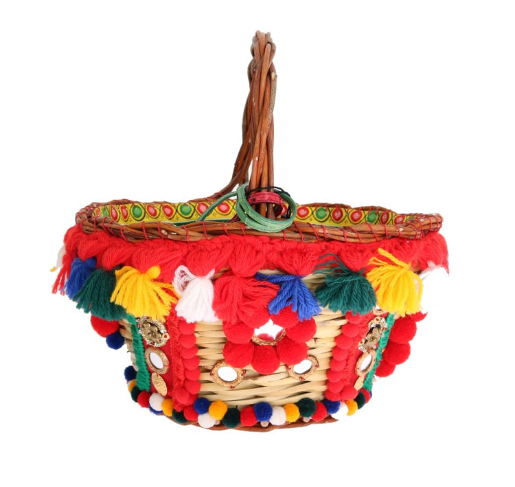 Multicolor AGNESE Straw Crystal  Pom Pom Bag