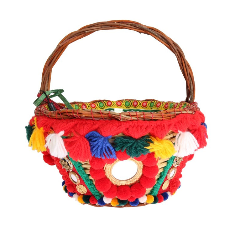 Multicolor AGNESE Straw Crystal  Pom Pom Bag