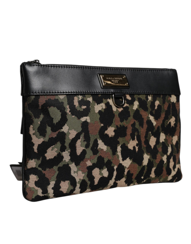 Multicolor Leopard Jacquard Print Logo Plaque Pouch Bag