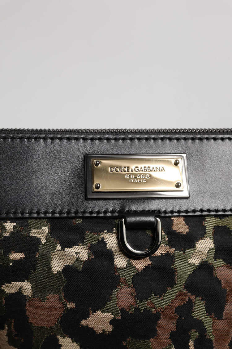 Multicolor Leopard Jacquard Print Logo Plaque Pouch Bag