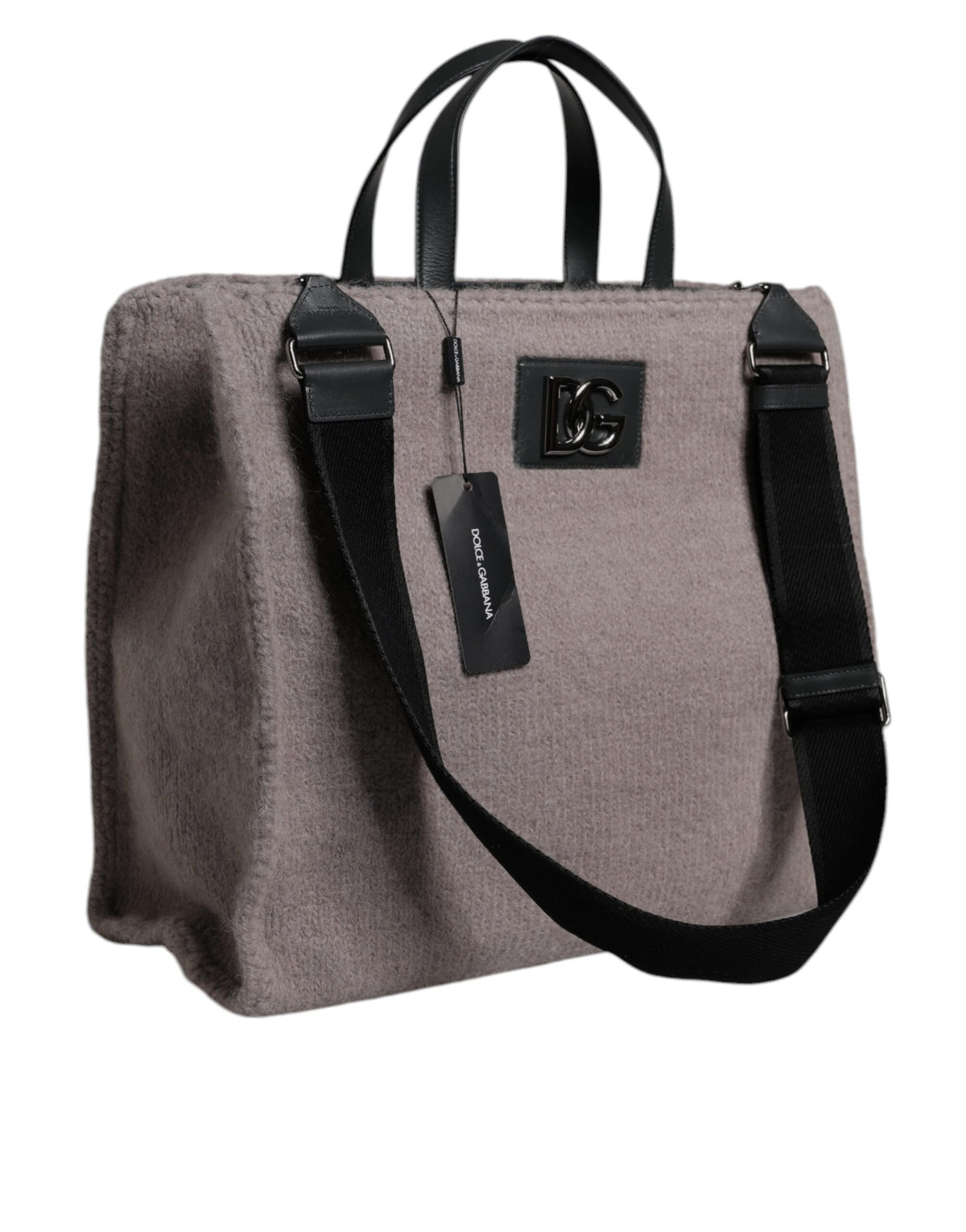 Grey Alpaca Wool Logo Plaque Tote Shoulder Bag