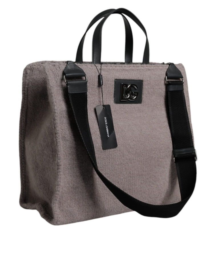 Grey Alpaca Wool Logo Plaque Tote Shoulder Bag