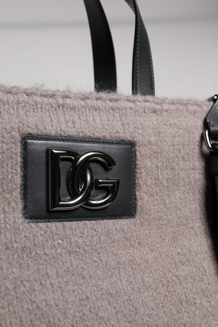 Grey Alpaca Wool Logo Plaque Tote Shoulder Bag