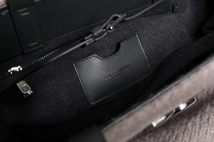 Grey Alpaca Wool Logo Plaque Tote Shoulder Bag
