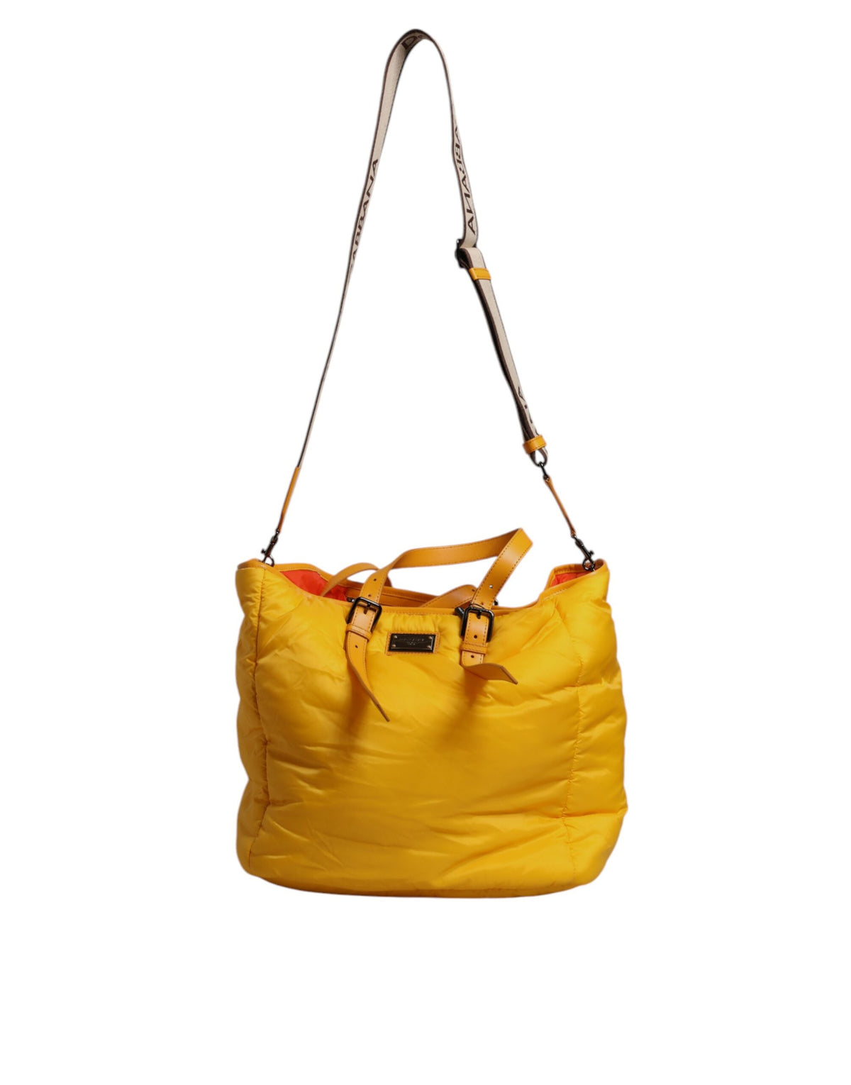 Yellow Orange Nylon Logo Plaque Hand Shoulder Duffle Bag