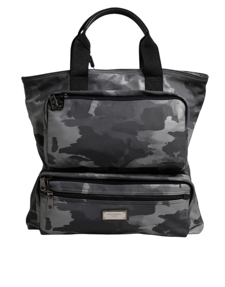 Gray Camo Cotton Multiple Compartments Tote Bag