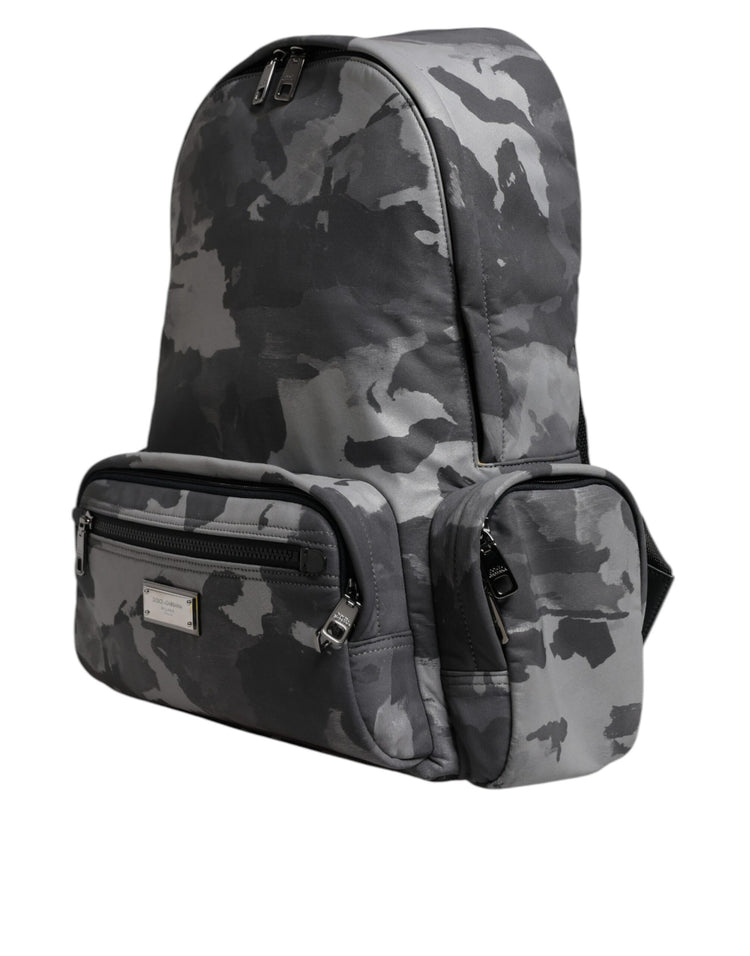 Gray Cotton Camouflage Logo Plaque Backpack Bag