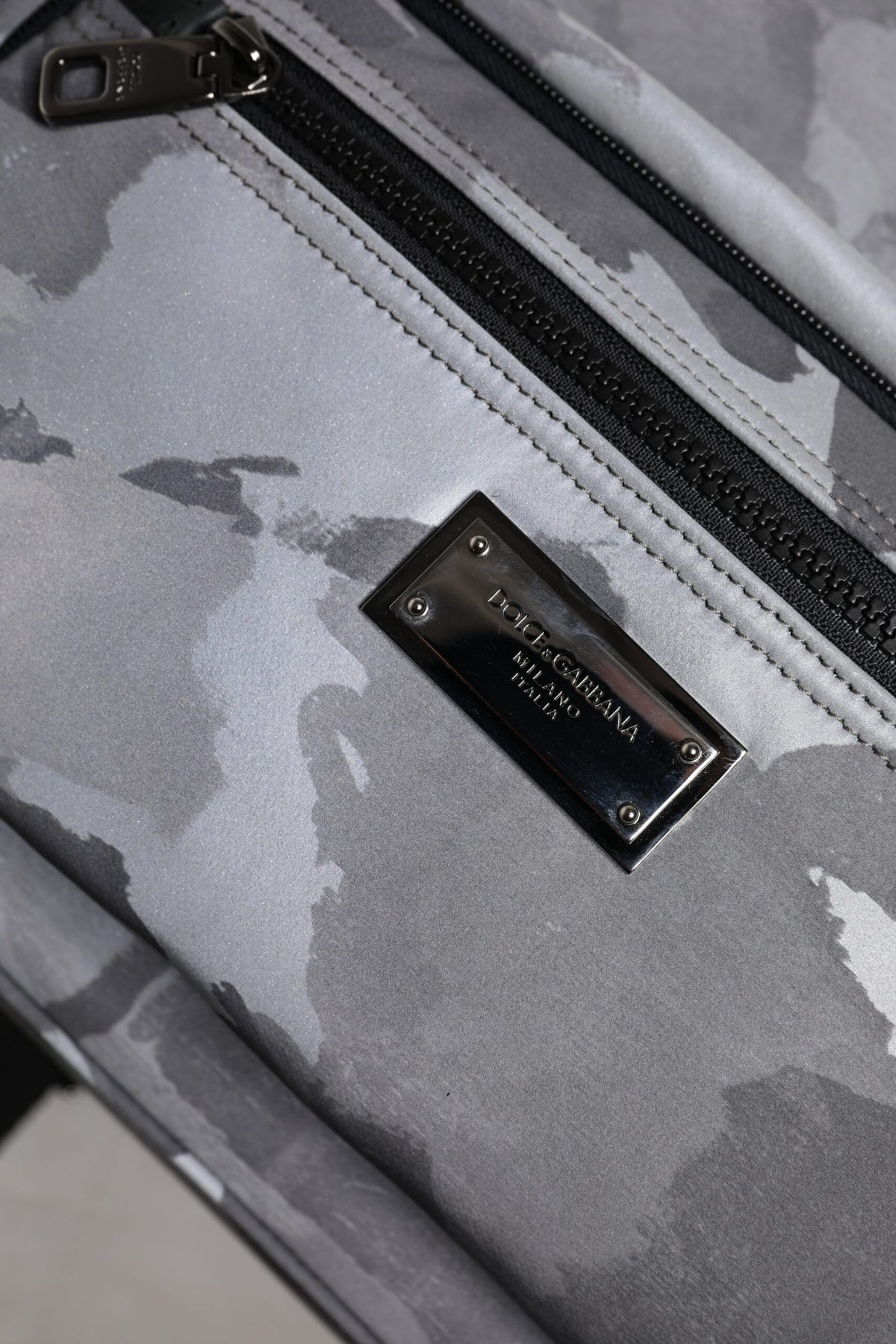 Gray Cotton Camouflage Logo Plaque Backpack Bag