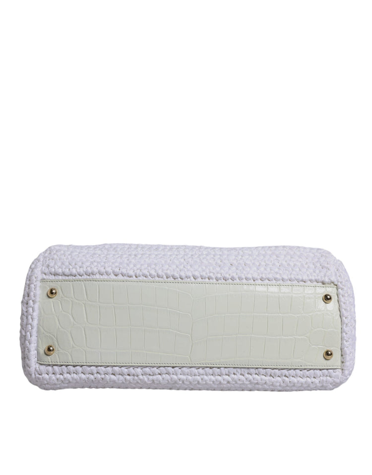 White Rafia Leather Top Handle Crossbody Bag