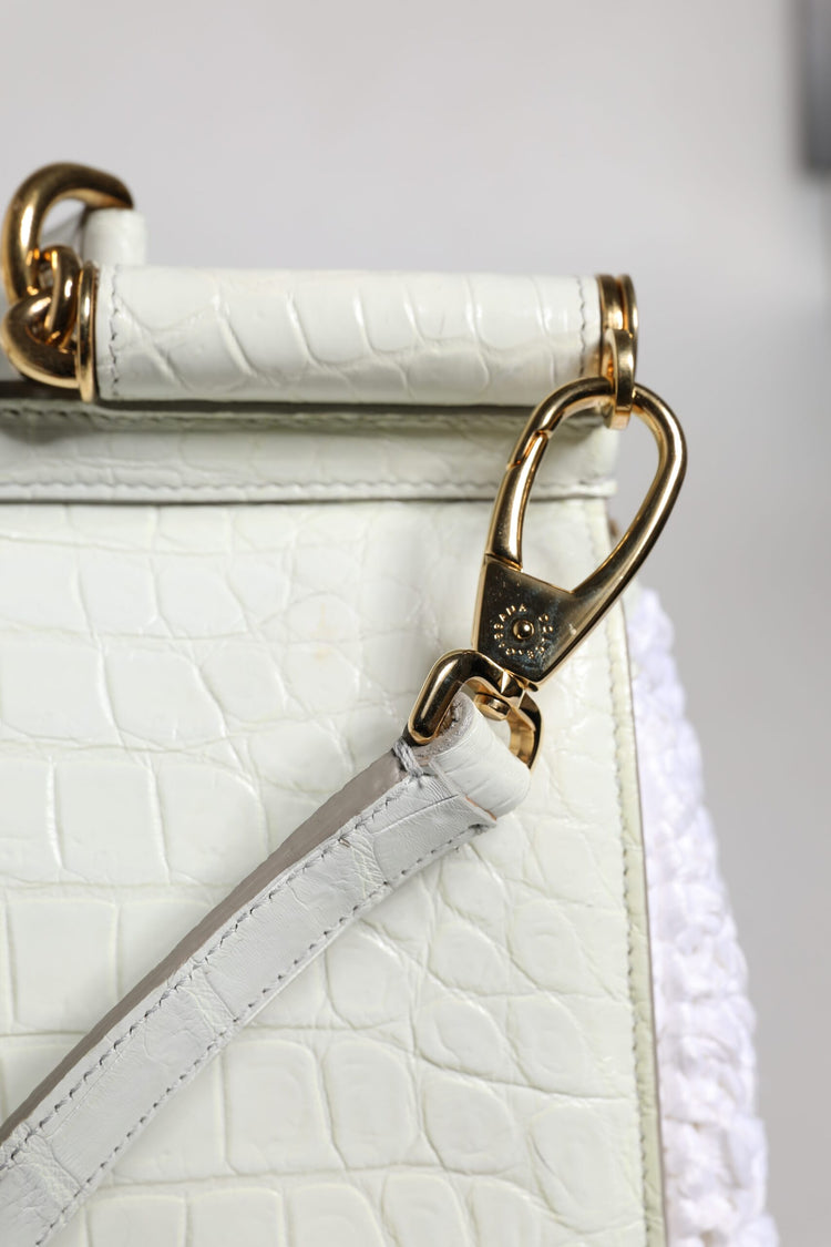 White Rafia Leather Top Handle Crossbody Bag