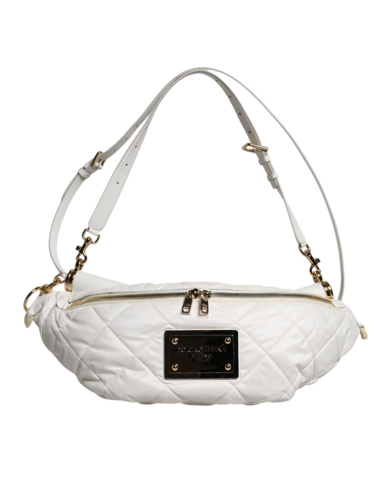 White Quilted Logo Plaque Belt Waist Fanny Pack Bag