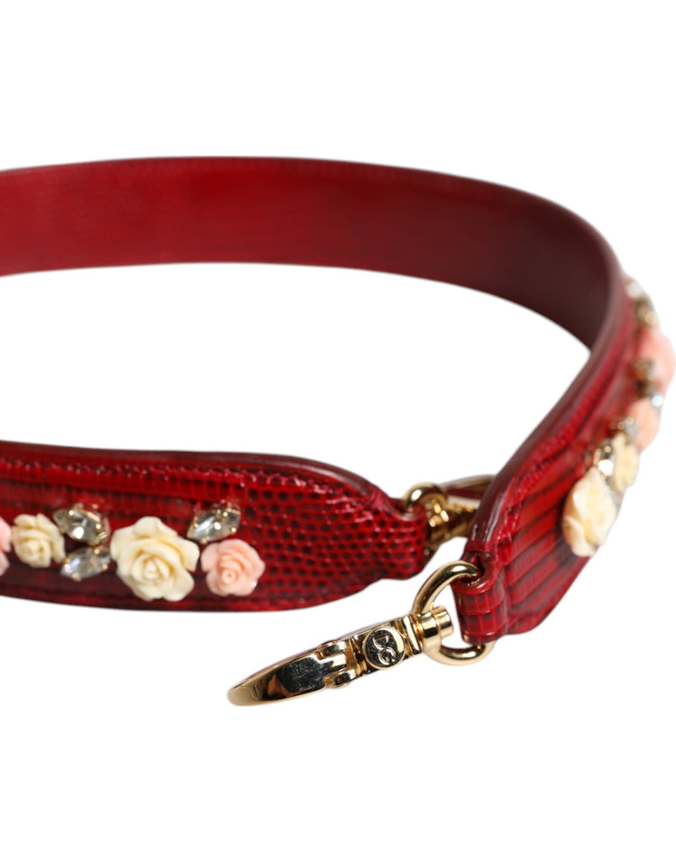 Red Leather Floral Embellish Bag Shoulder Strap